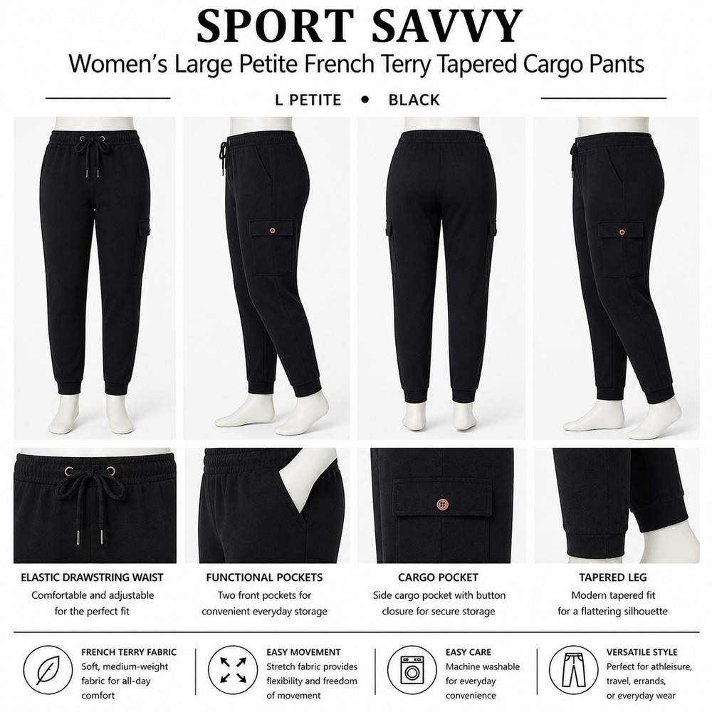 Sport Savvy Womens Large Petite‎ French Terry Tapered Cargo Pants Black A649081
